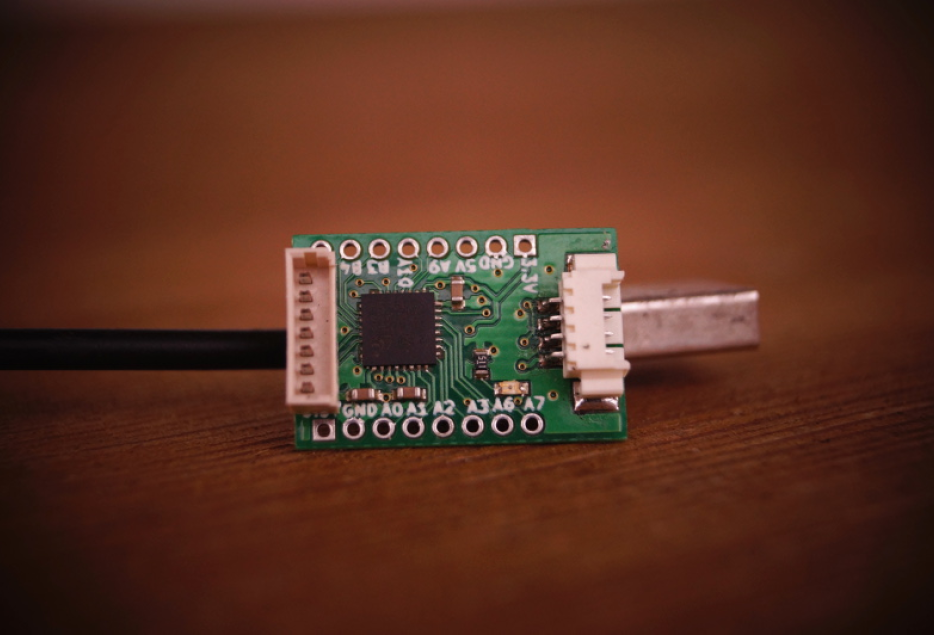 An IO board with USB type A connector behind for scale